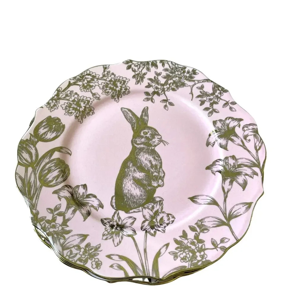 222 Fifth Pink Gold Bunny Hill 10.75” Porcelain Dinner Plates Easter Set/4 New